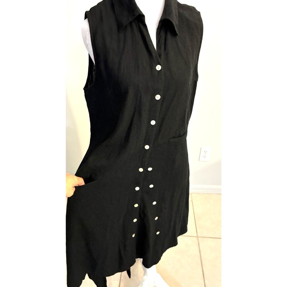 Black Linen Dress Sleeveless Asymmetrical Lagenlook Minimal Beach Boho Chic M